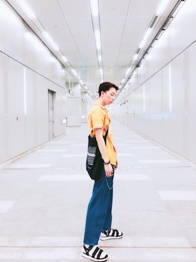 「Dr. Martens（ドクターマーチン）のアイテム（ブーティ）」を使った、Brandsonさん（メンズ・177cm）の夏コーディネート