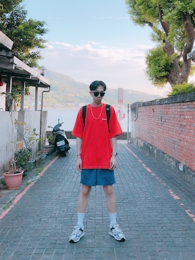 「plain-me（プレインミー）のアイテム（Tシャツ/カットソー）」を使った、Brandsonさん（メンズ・177cm）の夏コーディネート