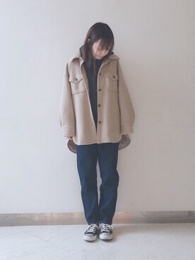 「ビッグシャツ」｜「アイテム（ブルゾン）」を使った、Bambiさん（レディース・162cm）の冬コーディネート
