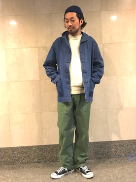 「Buzz Rickson's（バズリクソンズ）のアイテム（デニムジャケット）」を使った、BAMBOOSHOOTS TAKEさん（メンズ・177cm）の春コーディネート