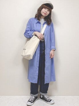 「サックスブルー」｜「アイテム（シャツワンピース）」を使った、miru_pon.さん（レディース・163cm）の春コーディネート