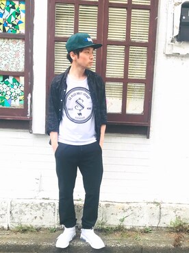 「atmos（アトモス）のアイテム（キャップ）」を使った、GREVENさん（メンズ・168cm）の夏コーディネート