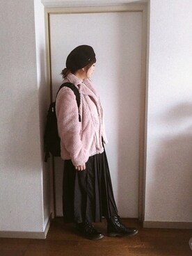 「くすみピンク」｜「アイテム（ライダースジャケット）」を使った、yuhinaさん（レディース・158cm）の冬コーディネート