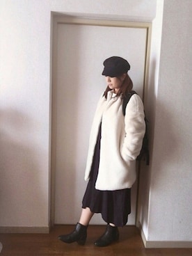 「ファーコート」｜「アイテム（キャスケット）」を使った、yuhinaさん（レディース・158cm）の冬コーディネート