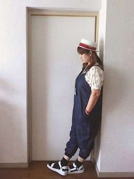 「ハットコーデ」｜「アイテム（サロペット/オーバーオール）」を使った、yuhinaさん（レディース・158cm）の夏コーディネート