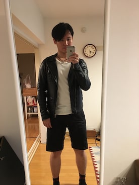 「Rick Owens（リックオウエンス）のアイテム（ライダースジャケット）」を使った、RYO-Tさん（メンズ・178cm）の夏コーディネート