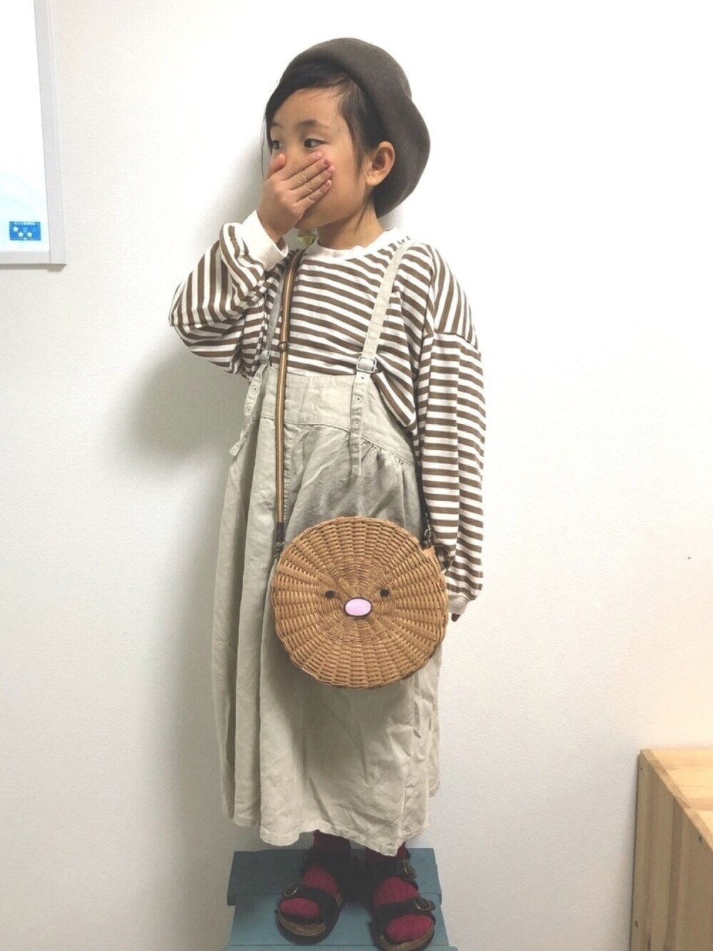 「女の子コーデ、女の子」｜「pairmanonのビッグシルエット ボーダー バルーンスリーブ 長袖 プルオーバー（Tシャツ/カットソー、ベージュ系）」を使った、aoharu♡さん（キッズ・120cm）の冬コーディネートの1枚目の写真