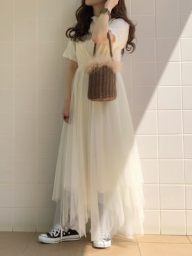 「ハイウエストストレートジーンズ」｜「アイテム（ワンピース/ドレス）」を使った、yukie.さん（レディース・155cm）の春コーディネート