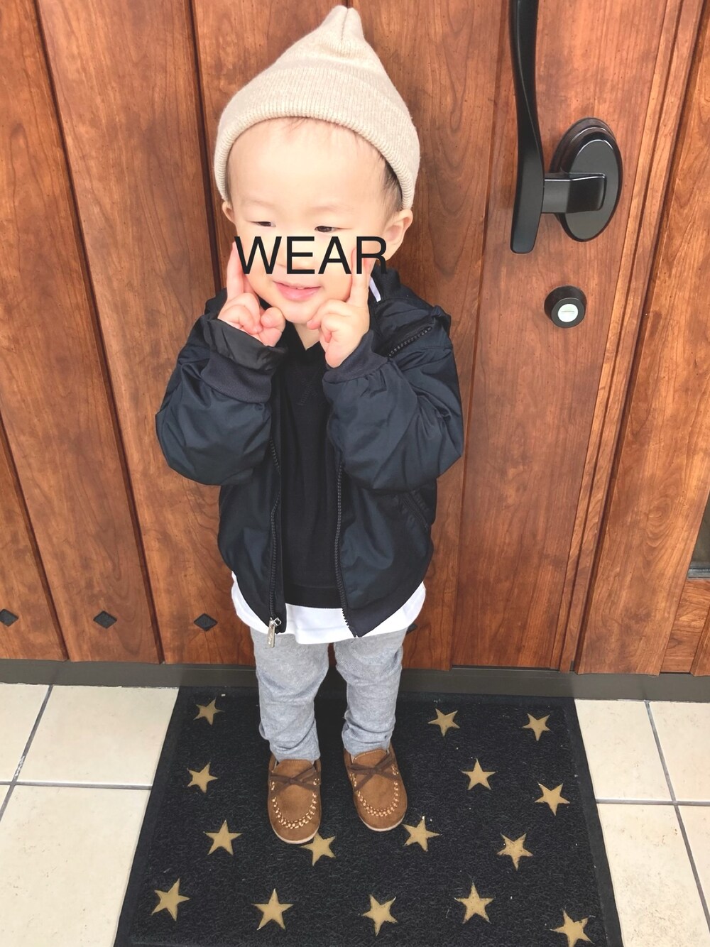 「キッズコーデ、2歳6ヶ月、プチプラ、NIKE、西松屋、UNIQLO、薄毛ちゃん」｜「NIKEのアイテム（ナイロンジャケット、ブラック系）」を使った、na＊さん（キッズ・90cm）の秋コーディネートの1枚目の写真