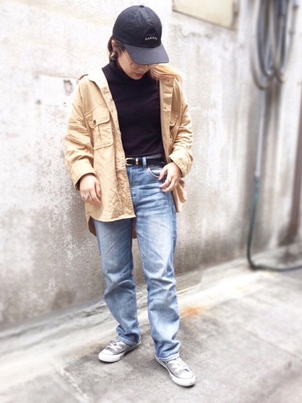 「大人カジュアル、春夏コーデ、ラフ、カジュアル、着回しコーデ、デニムパンツ、デニム、ジャケット、KANGOL、polcadot」｜「KANGOLの[KANGOL]Vintago Baseball/[カンゴール]ビンテージ ベースボールCAP（キャップ、ブラック系）」を使った、polcadotさん（レディース・156cm）の春コーディネートの1枚目の写真