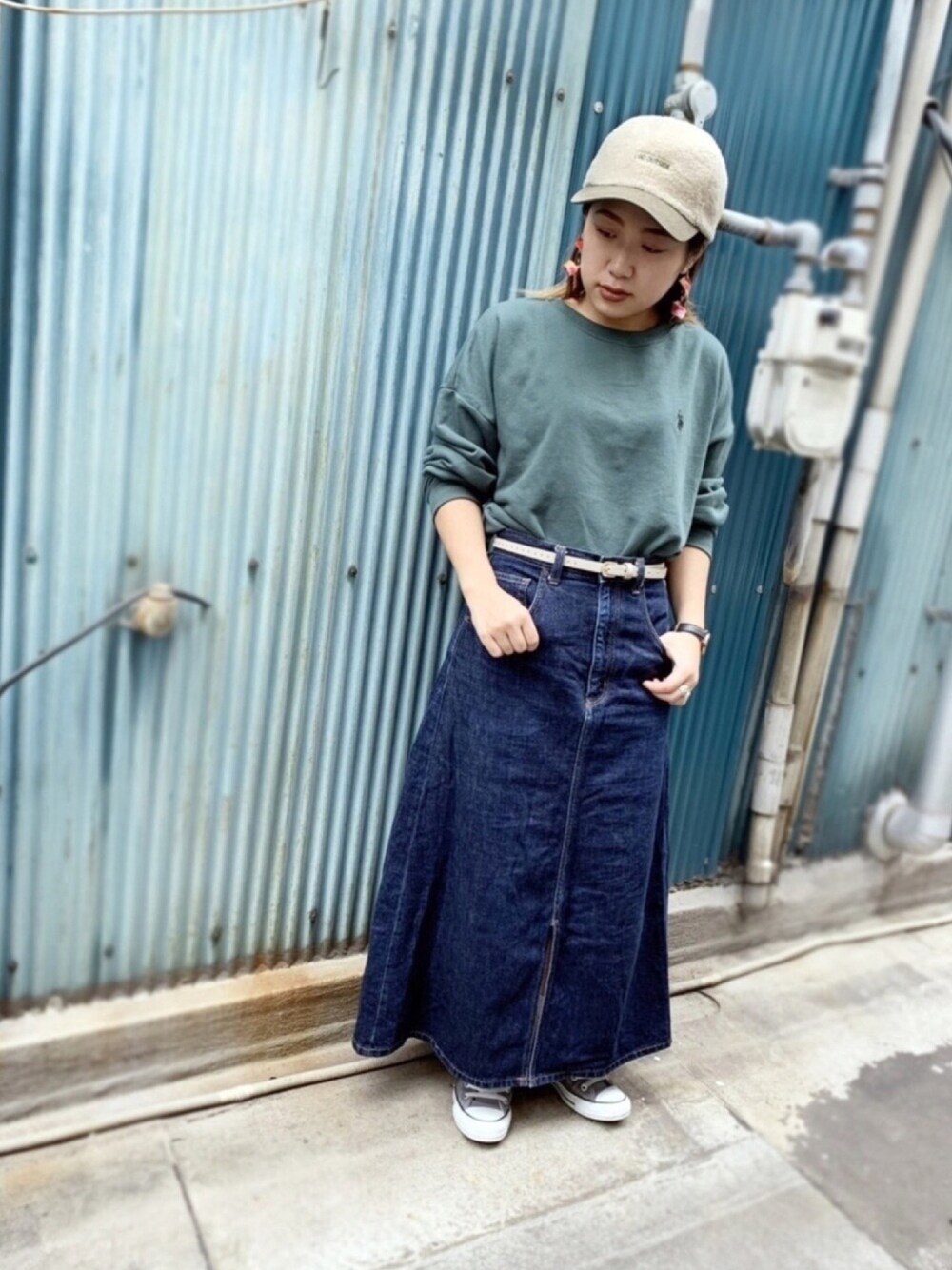 「Polo Ralph Lauren、WEGO、polcadot、RUBEN、オーバーサイズ、ラクチンコーデ、CAP、キャップ、デニム、シンプル」｜「RubenのBOA CAP/ボア キャップ（キャップ、ベージュ系）」を使った、polcadotさん（レディース・158cm）の冬コーディネートの1枚目の写真