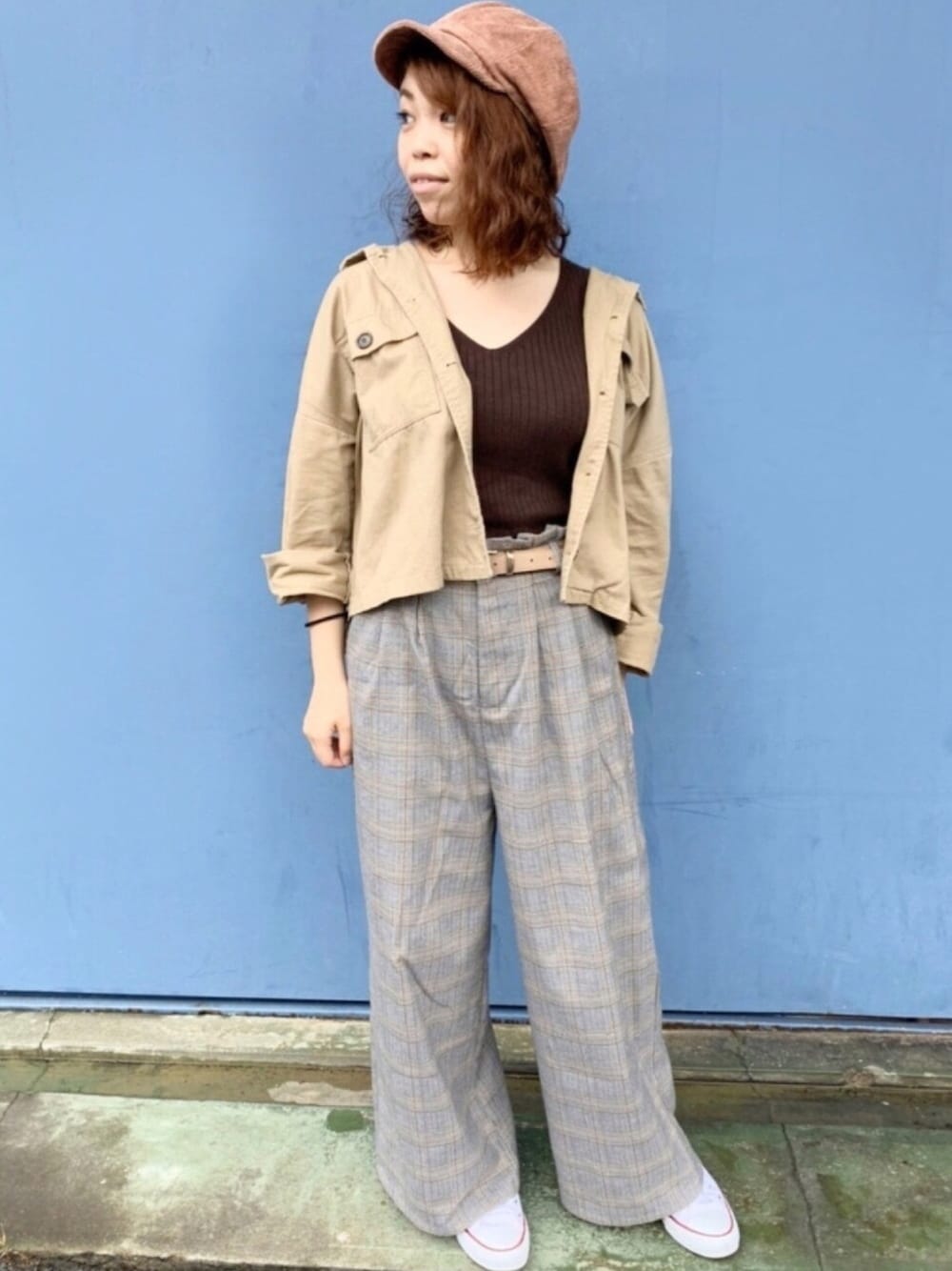 「チェック柄に恋してる、秋冬コーデ、ゆるコーデ、シンプル、オトナ女子、ootd、帽子、polcadot、RUBEN、キャスケット」｜「Rubenの【Ruben】FAKE SUEDE CASKET / CURDUROY CASKET（キャスケット、ブラウン系）」を使った、polcadotさん（レディース・155cm）の秋コーディネートの1枚目の写真