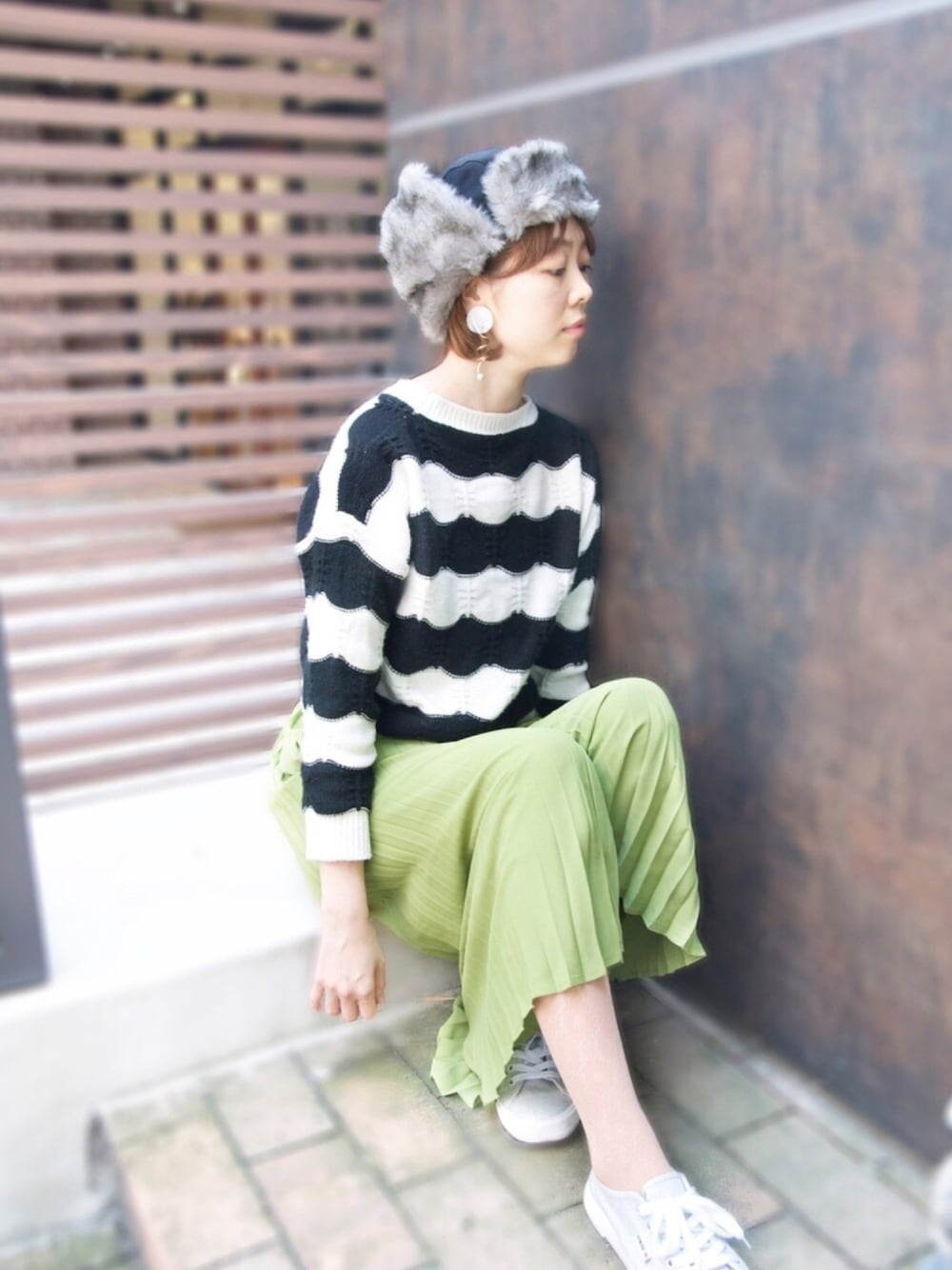 「大人カジュアル、今日のコーデ、カジュアルコーデ、キレイめ、ootd、チュールスカート、帽子、フライトキャップ、polcadot、RUBEN」｜「RubenのMIX FUR FLIGHT CAP/ミックスファー フライトキャップ（キャップ、グリーン系）」を使った、polcadotさん（レディース・169cm）の冬コーディネートの1枚目の写真
