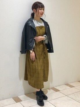 「AS KNOW AS PINKY（アズノゥアズピンキー）のアイテム（ライダースジャケット）」を使った、yukinoさん（レディース・156cm）の秋コーディネート