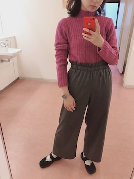 「UNIQLO（ユニクロ）のアイテム（ニット/セーター、ピンク系）」を使った、ぴさん（レディース・165cm）の冬コーディネート