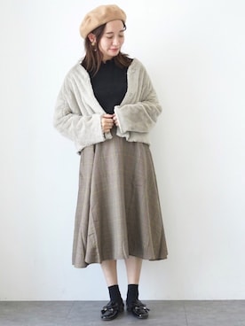 「ファー」｜「アイテム（ハンチング/ベレー帽）」を使った、shinoさん（レディース・159cm）の秋コーディネート