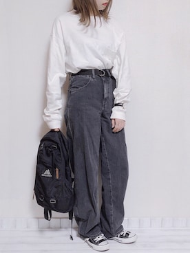 「クルーネックTシャツ」｜「アイテム（その他）」を使った、sakiさん（レディース・159cm）の秋コーディネート