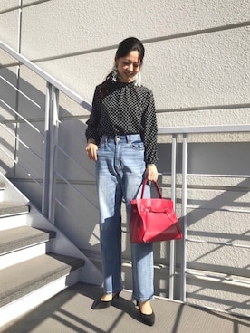 「アイテム（トートバッグ、レッド系）」を使った、Funatto♡さん（レディース・161cm）の冬コーディネート