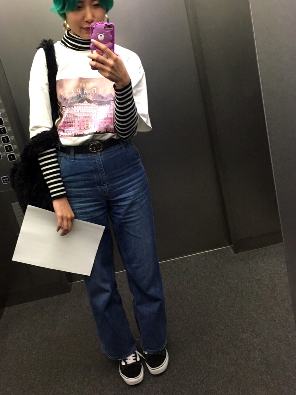 「デニム、デニムパンツ、ボーダー、タートルネック、ぽかぽか〜〜、ぶたぺすとTシャツ、グリーンヘアー」｜「FREE'S MARTのウエストワイドデニムパンツ（デニムパンツ、ブルー系）」を使った、fuさん（レディース・165cm）の秋コーディネートの1枚目の写真