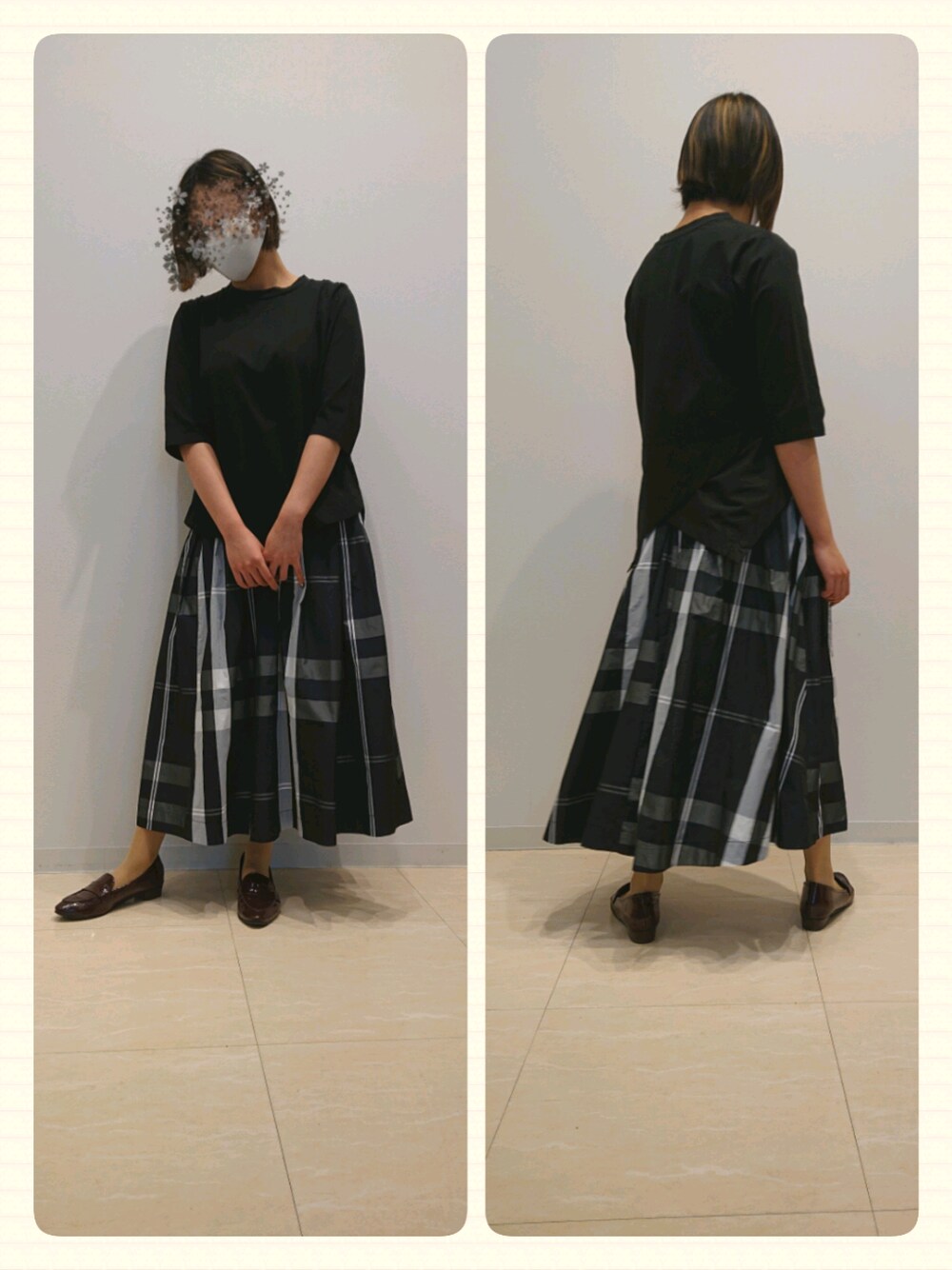 ブラック系のTシャツ/カットソー、ブルー系のスカートを着用したレディースの春コーディネートの1枚目の写真