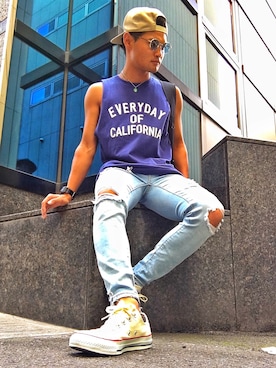 「The Endless Summer（エンドレスサマー）のアイテム（キャップ）」を使った、yuyaさん（メンズ・165cm）の夏コーディネート