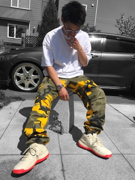 「アイテム（カーゴパンツ、イエロー系）」を使った、yuyaさん（メンズ・165cm）の春コーディネート