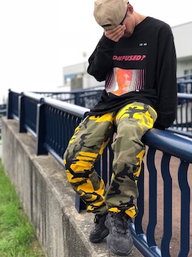 「アイテム（カーゴパンツ、イエロー系）」を使った、yuyaさん（メンズ・165cm）の夏コーディネート