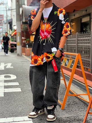 PLEASURES アロハシャツ 半袖 花柄 Amazon.co.jp: pleasures gangster shirt アロハシャツ ブルー