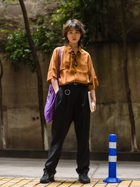 「日系极简」｜「アイテム（スラックス）」を使った、宇宙粉红小明さん（レディース・161cm）の夏コーディネート