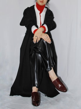 「赤ニット」｜「アイテム（ノーカラーコート）」を使った、ようなし太郎さん（レディース・157cm）の冬コーディネート