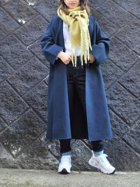 「ネイビー」｜「アイテム（ノーカラーコート）」を使った、ようなし太郎さん（レディース・157cm）の冬コーディネート