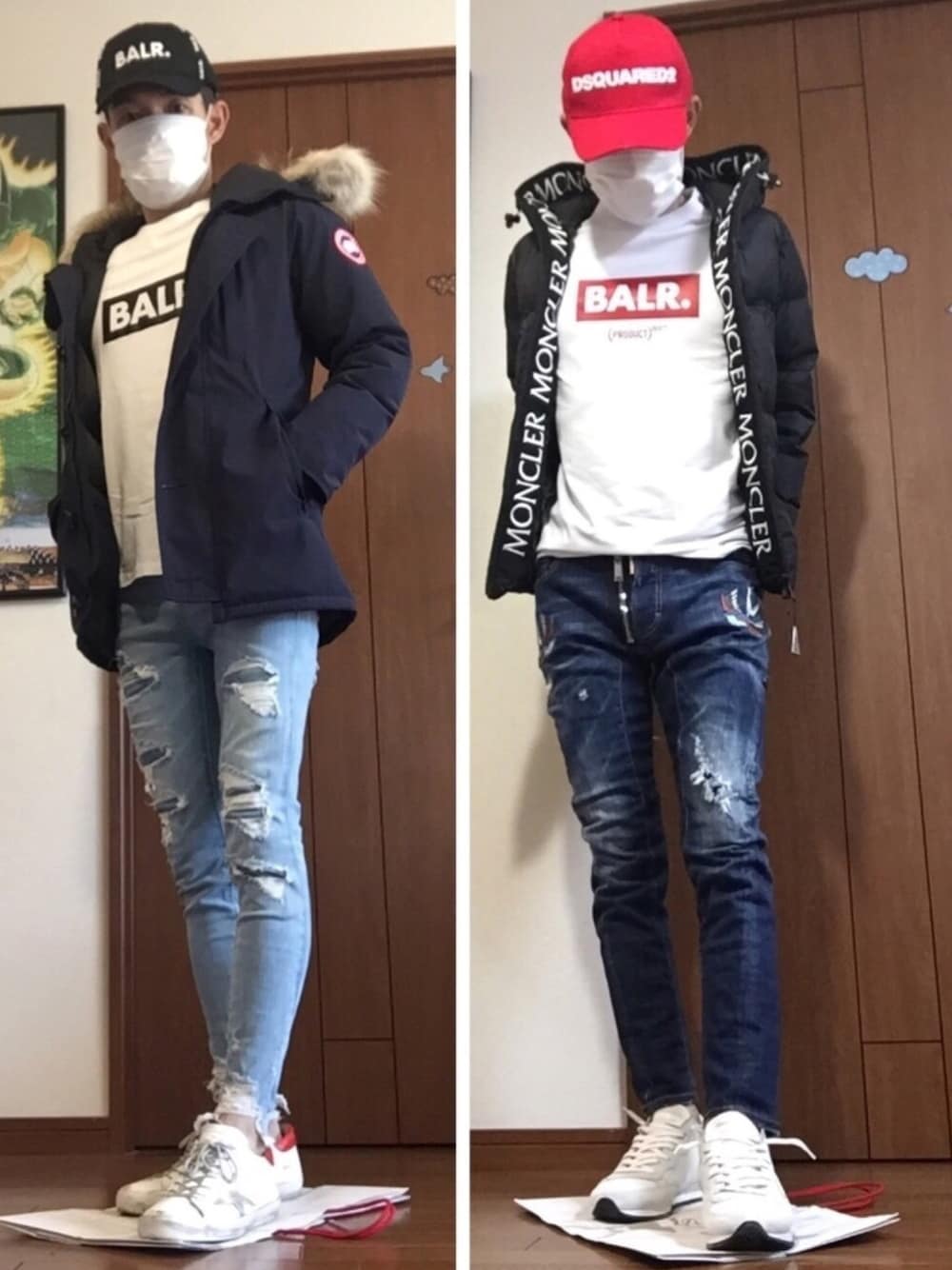 ブラック系のダウンジャケット/コート、ブルー系のデニムパンツ、ホワイト系のスニーカーを着用したメンズの秋コーディネートの1枚目の写真