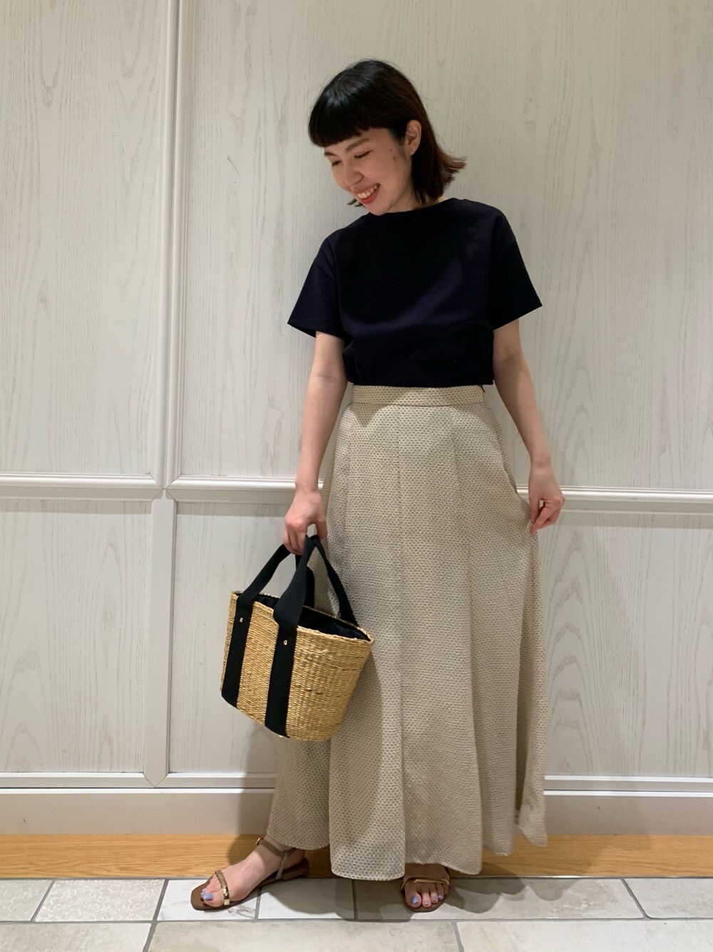 「大人カジュアル、リラックススタイル、春夏コーデ、低身長コーデ、キレイめ、夏、オトナ女子、ドット、アーバンリサーチロッソ、アーバンリサーチ」｜「URBAN RESEARCH ROSSOのドットシアーチェックマーメイドスカート（スカート、ベージュ系）」を使った、Yukaさん（レディース・152cm）の春コーディネートの1枚目の写真