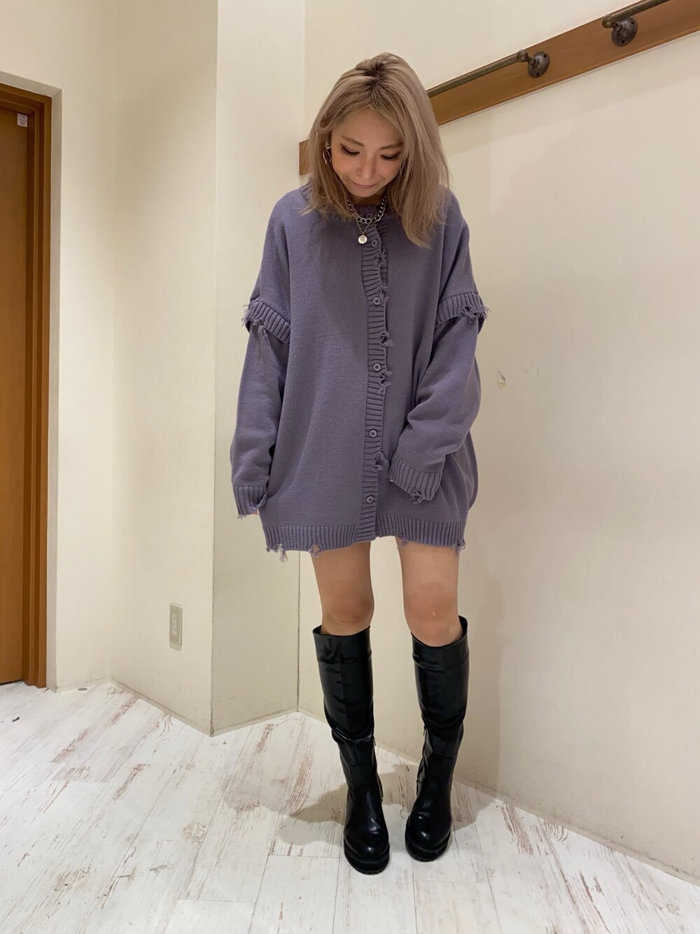 「3wayニット、２ＷＡＹ、マルチWAY、ニットカーディガン、ニットベスト、ロングブーツ、プチプラコーデ、ラクチンコーデ、SpRay、SPRAY PREMIUM」｜「SpRayのアイテム（ニット/セーター、パープル系）」を使った、yukariさん（レディース・158cm）の冬コーディネートの1枚目の写真