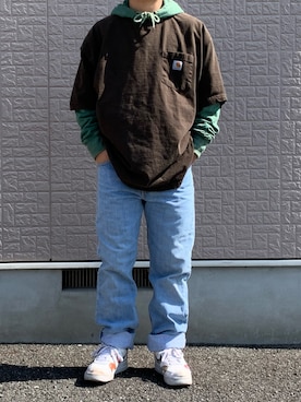 「アイテム（パーカー、グリーン系）」を使った、wsmenさん（メンズ・160cm）の春コーディネート