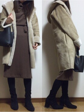 「GU（ジーユー）のアイテム（ムートンコート）」を使った、sakiさん（レディース・160cm）の冬コーディネート
