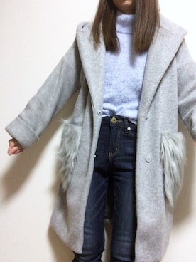 「GU（ジーユー）のアイテム（ニット/セーター、ブルー系）」を使った、sakiさん（レディース・160cm）の冬コーディネート