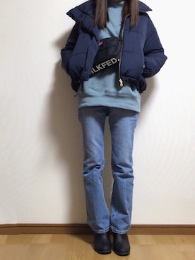 「GU（ジーユー）のアイテム（ダウンジャケット/コート、ブルー系）」を使った、sakiさん（レディース・160cm）の冬コーディネート