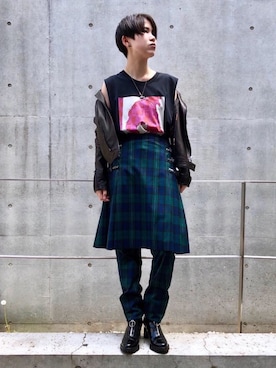 「タータンチェック」｜「アイテム（ライダースジャケット）」を使った、miyaさん（レディース・155cm）の春コーディネート