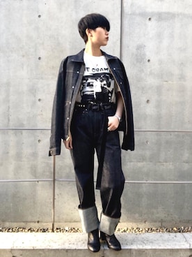 「レザーブーツ」｜「アイテム（デニムジャケット）」を使った、miyaさん（レディース・155cm）の冬コーディネート