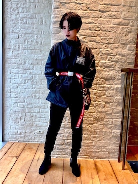 「ハイウエストパンツ」｜「アイテム（ブルゾン）」を使った、miyaさん（レディース・155cm）の春コーディネート