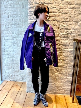 「ハイウエストパンツ」｜「アイテム（ブルゾン）」を使った、miyaさん（レディース・155cm）の春コーディネート
