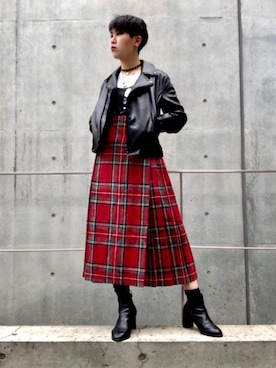 「ラップスカート」｜「アイテム（ライダースジャケット）」を使った、miyaさん（レディース・155cm）の春コーディネート