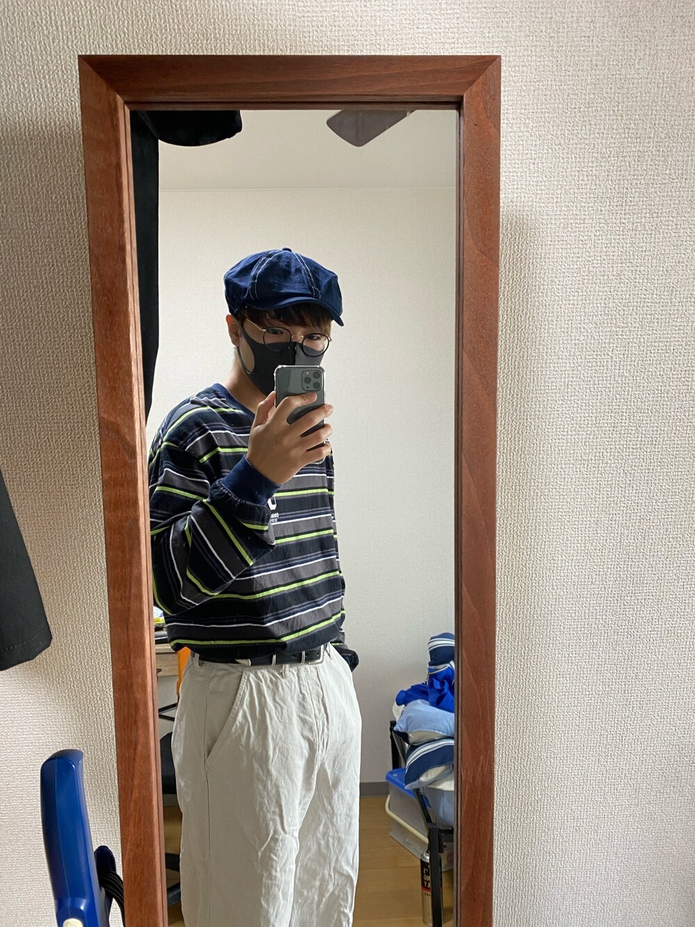 「おしゃれさんと繋がりたい、メンズコーデ、大学生、ロンT、ボーダー、ベレー帽×メガネ、ハンチング」｜「CULTURE MARTのアイテム（ハンチング/ベレー帽、ブルー系）」を使った、Danielさん（メンズ・169cm）の秋コーディネートの1枚目の写真