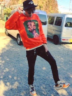 「NBA shopにて購入のアイテム（トップス、オレンジ系）」を使った、☆蛙☆さん（メンズ・185cm）の冬コーディネート