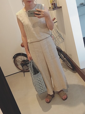 「アイテム（つなぎ/オールインワン、ベージュ系）」を使った、iigg☺︎さん（レディース・154cm）の夏コーディネート