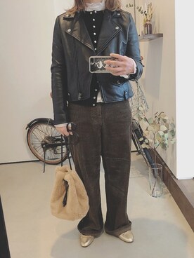 「JOURNAL STANDARD relume（ジャーナルスタンダード　レリューム）のアイテム（ライダースジャケット）」を使った、iigg☺︎さん（レディース・154cm）の冬コーディネート
