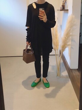 「アイテム（バレエシューズ、グリーン系）」を使った、iigg☺︎さん（レディース・154cm）の春コーディネート