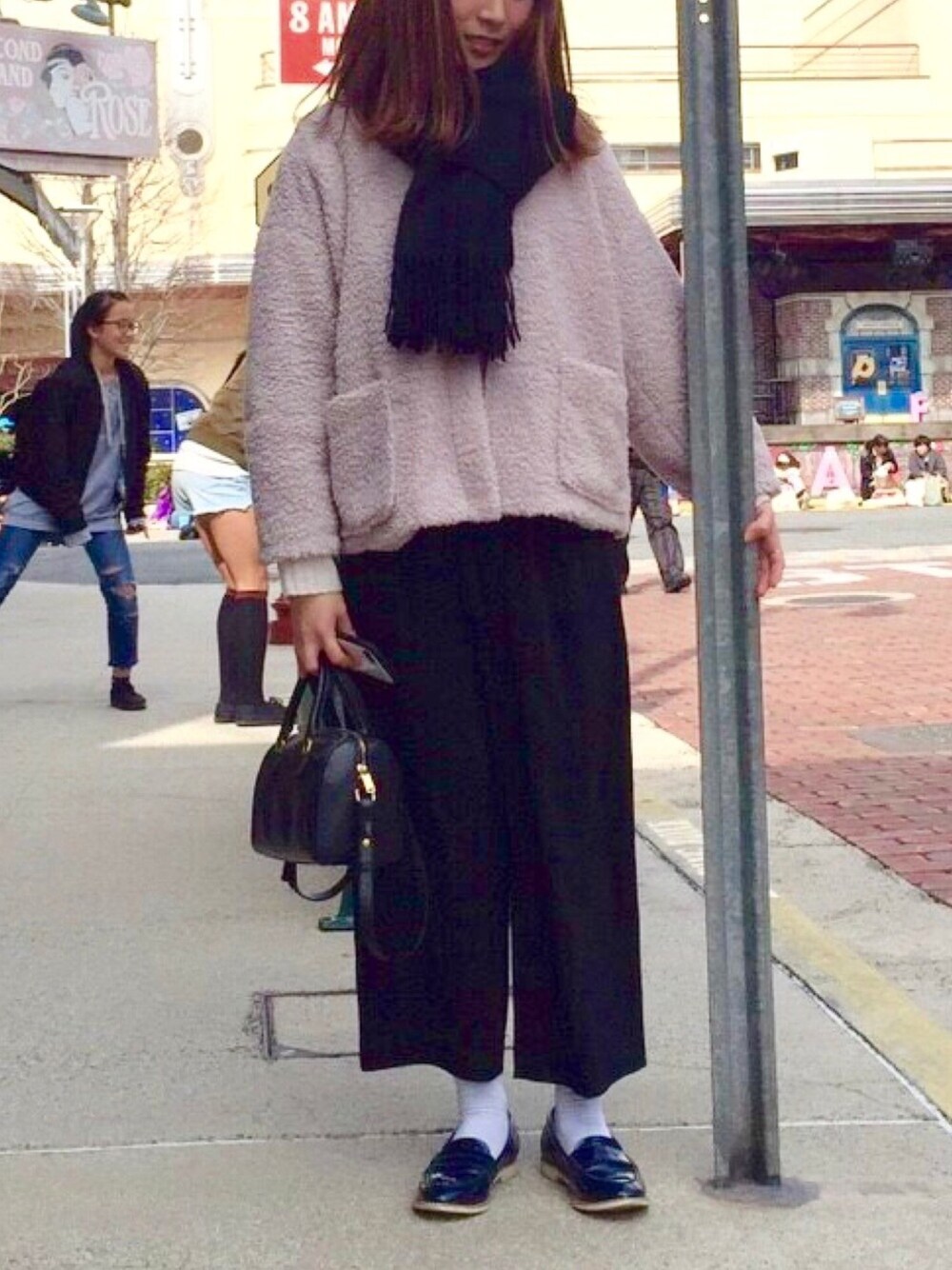 「ootd、ユニクロ、ZARA」｜「003 J.FERRYの003 J.FERRY クルーネックボアジャケット（ノーカラージャケット、ピンク系）」を使った、sakipiさん（レディース・158cm）の冬コーディネートの1枚目の写真