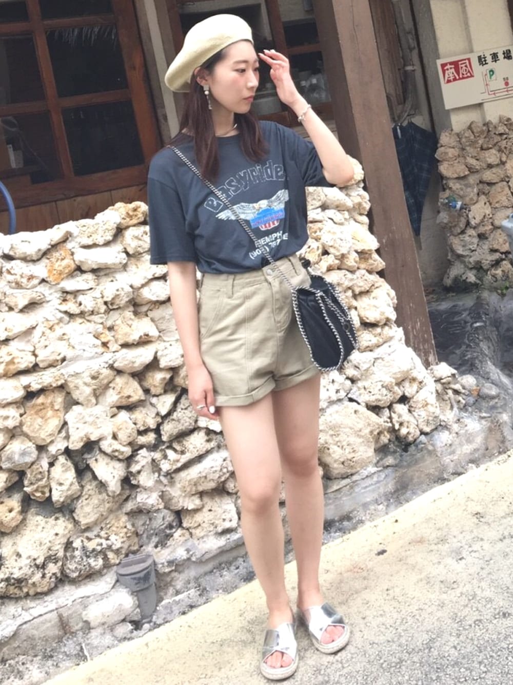 「ロックT、石垣島、カジュアルコーデ」｜「CIAOPANIC TYPYの【ママとお揃い】キッズミックス編みベレー帽（ハンチング/ベレー帽、ベージュ系）」を使った、sakipiさん（レディース・158cm）の夏コーディネートの1枚目の写真
